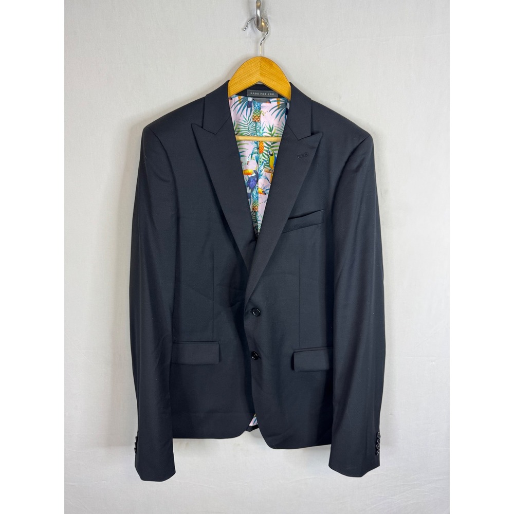 Indochino Mens 40 Black Blazer Tropical Toucan Pineapple Print Lining Peak